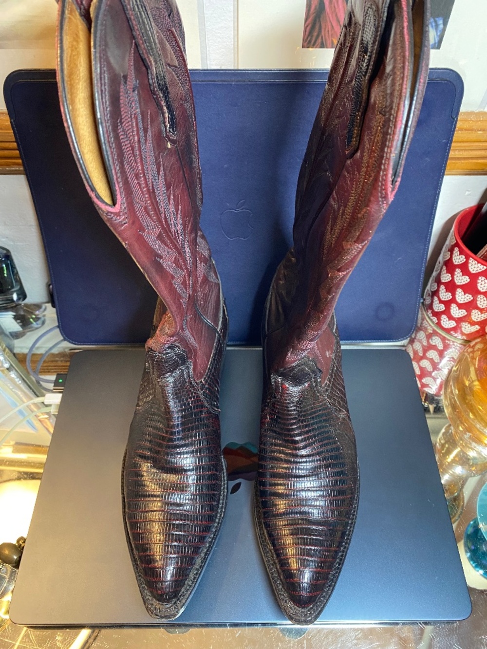 Vintage Nocona Genuine Teju Lizard Skin Burgundy Cowboy Boots Size 5.5 B